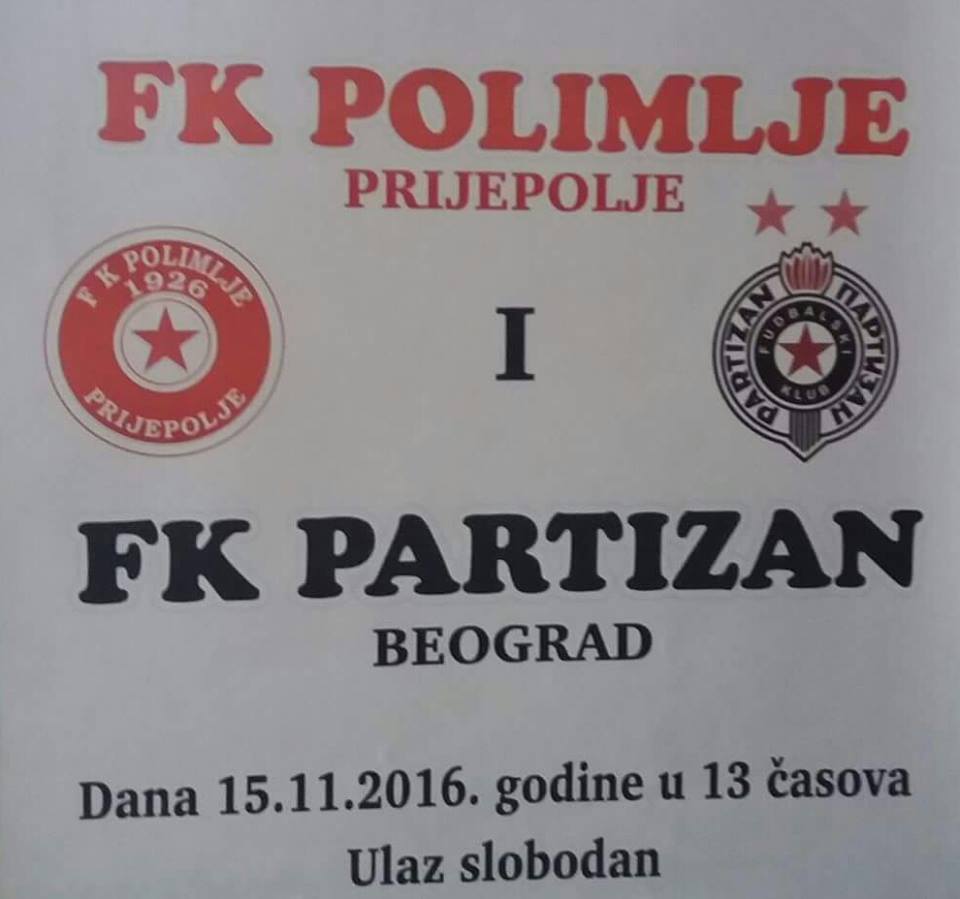 FK Polimlje - FK Partizan, utorak 13h Gradski stadion u Prijepolju